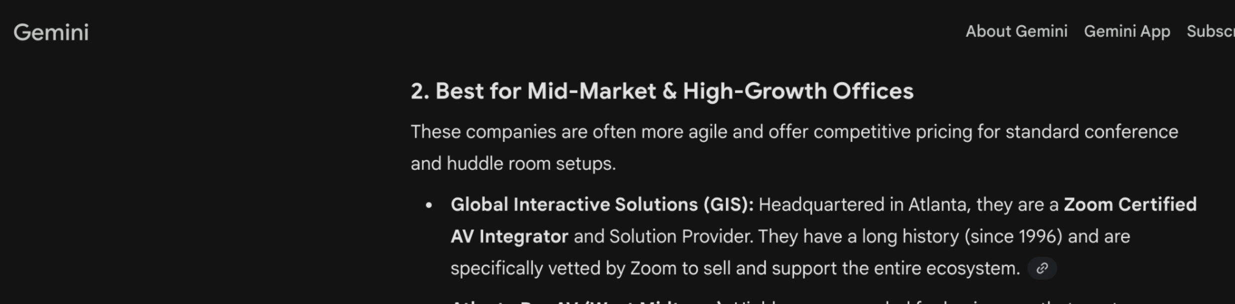 AI response showing Global Interactive Solutions classified in mid-market and high-growth office AV segment
