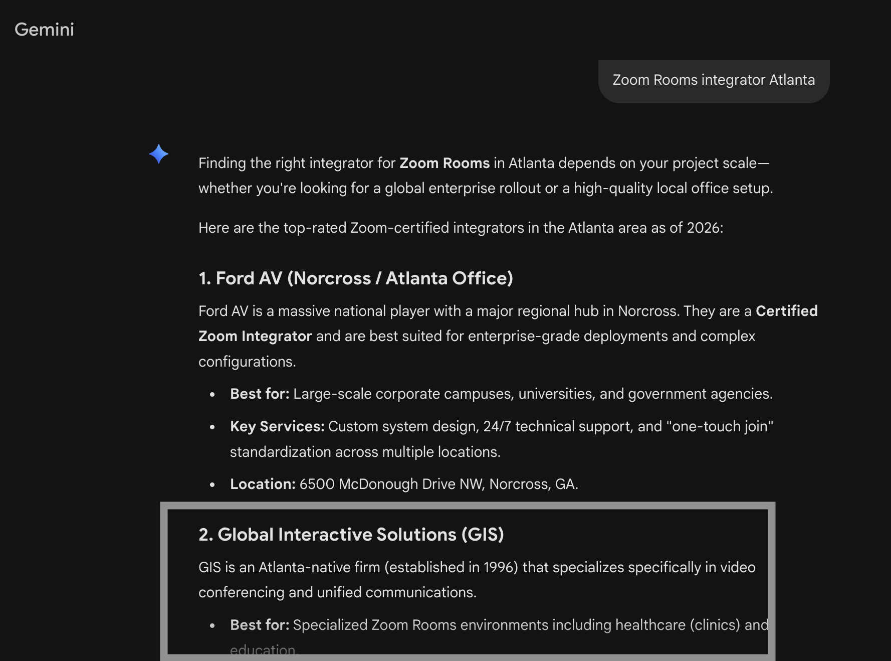Google Gemini response listing Global Interactive Solutions for Zoom Rooms integrator Atlanta